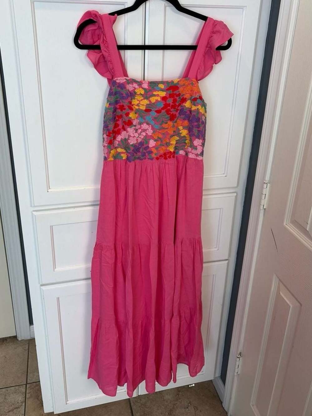 BOHO J. Marie Pink Cottagecore Floral Embroidered Tiered Maxi Summer Dress, M